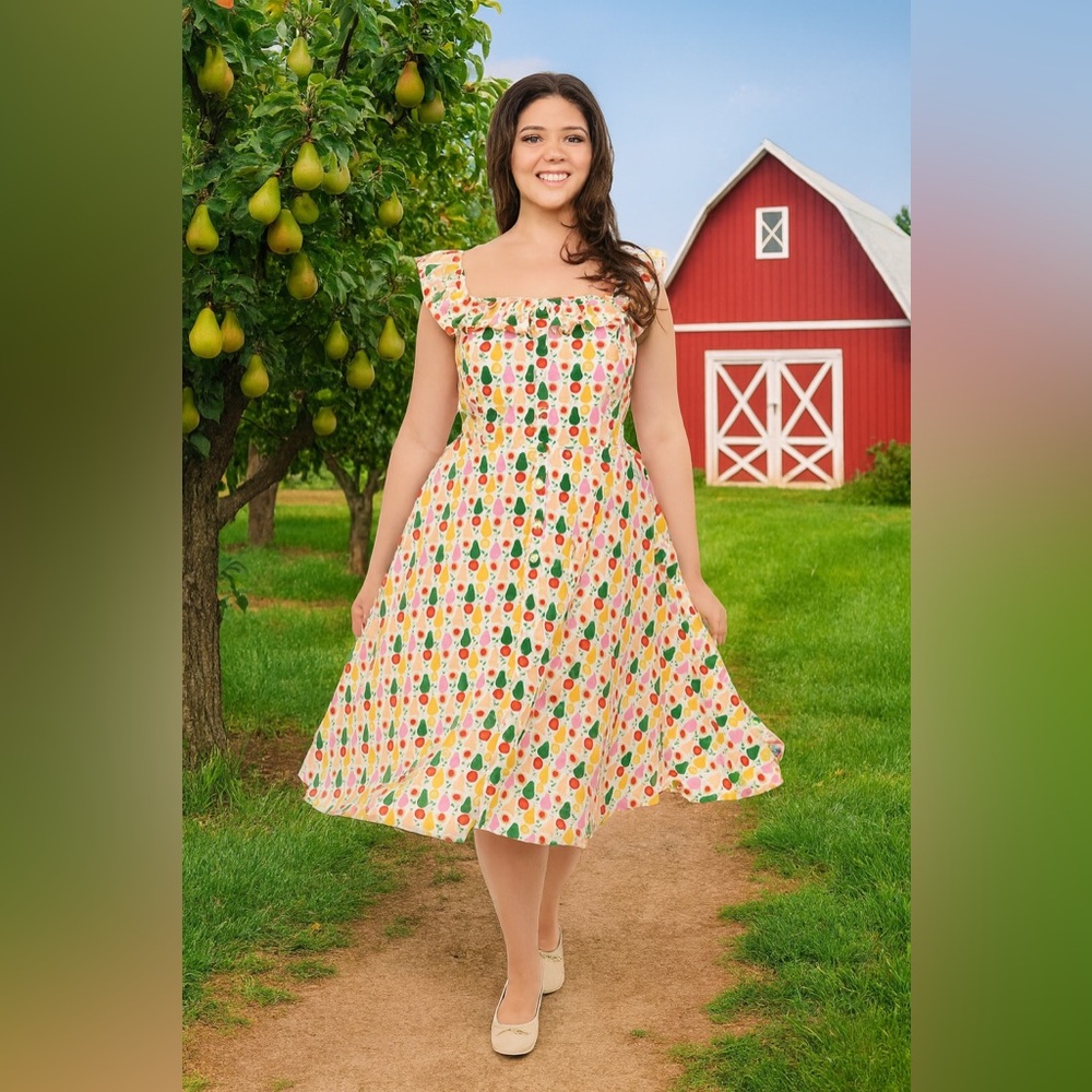 Unique Vintage Magnolia Place Multicolored Pear Print Barbara Swing Dress, NWT! - Picture 5 of 16